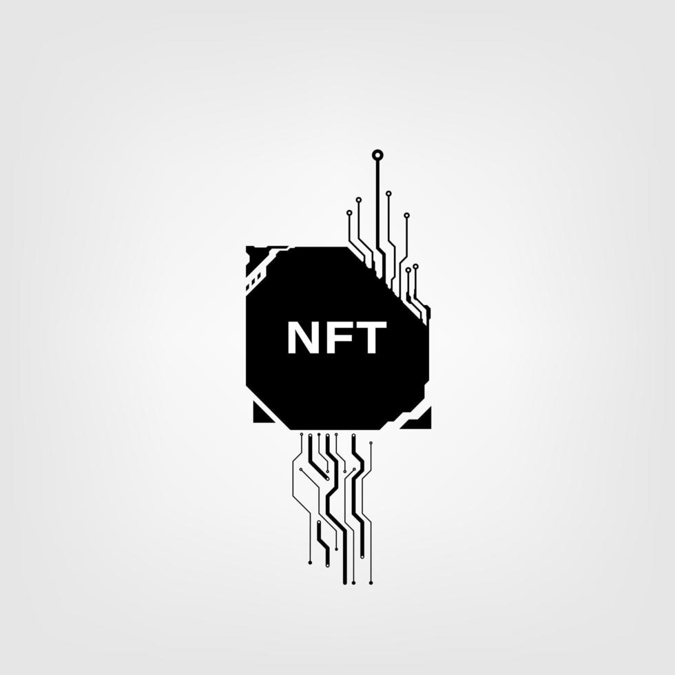Token NFT text on CPU chip with digital circuit board background. Concept of NFT becomes more popular and well known. Product from crypto currency technology vector