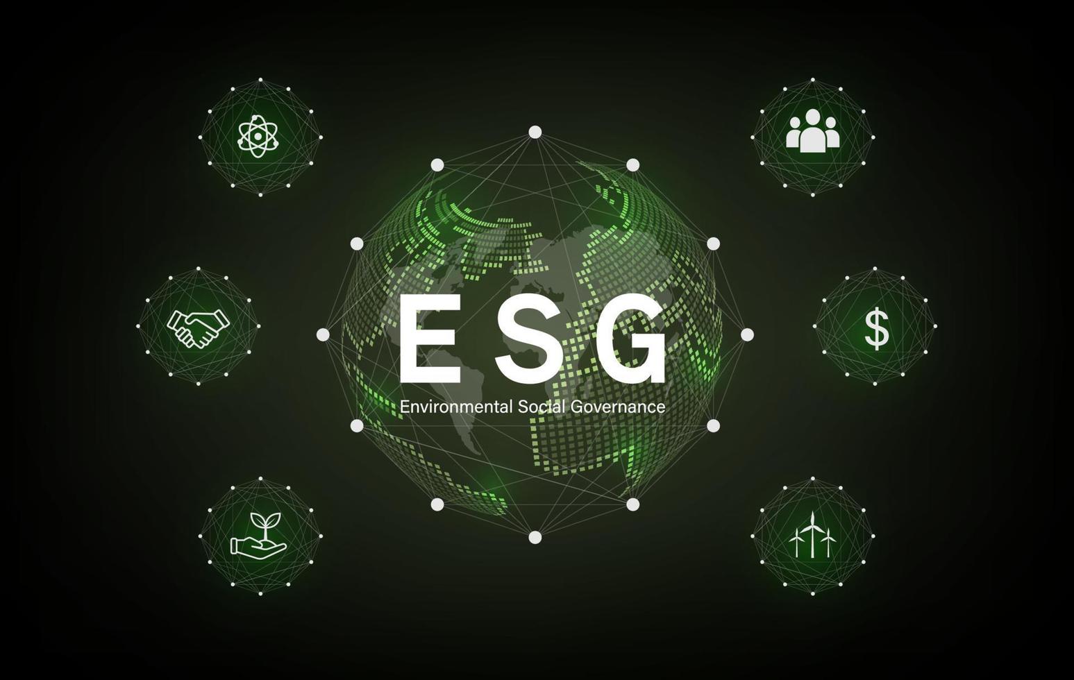 concepto de icono esg ambiental, social y de gobernanza en negocios sostenibles y éticos en la conexión de red sobre un fondo verde. vector