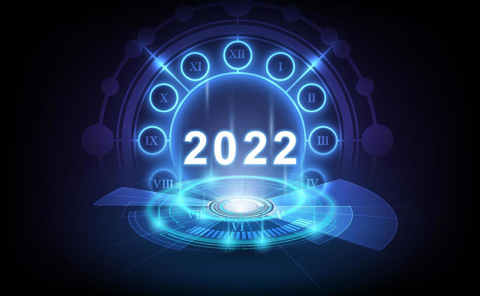 Happy New Year 2022 celebration with white light abstract clock on futuristic technology background, countdown concept, vector illustration