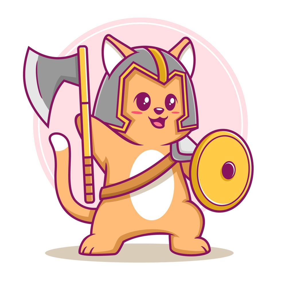 cute warrior cat cartoon illustration vector