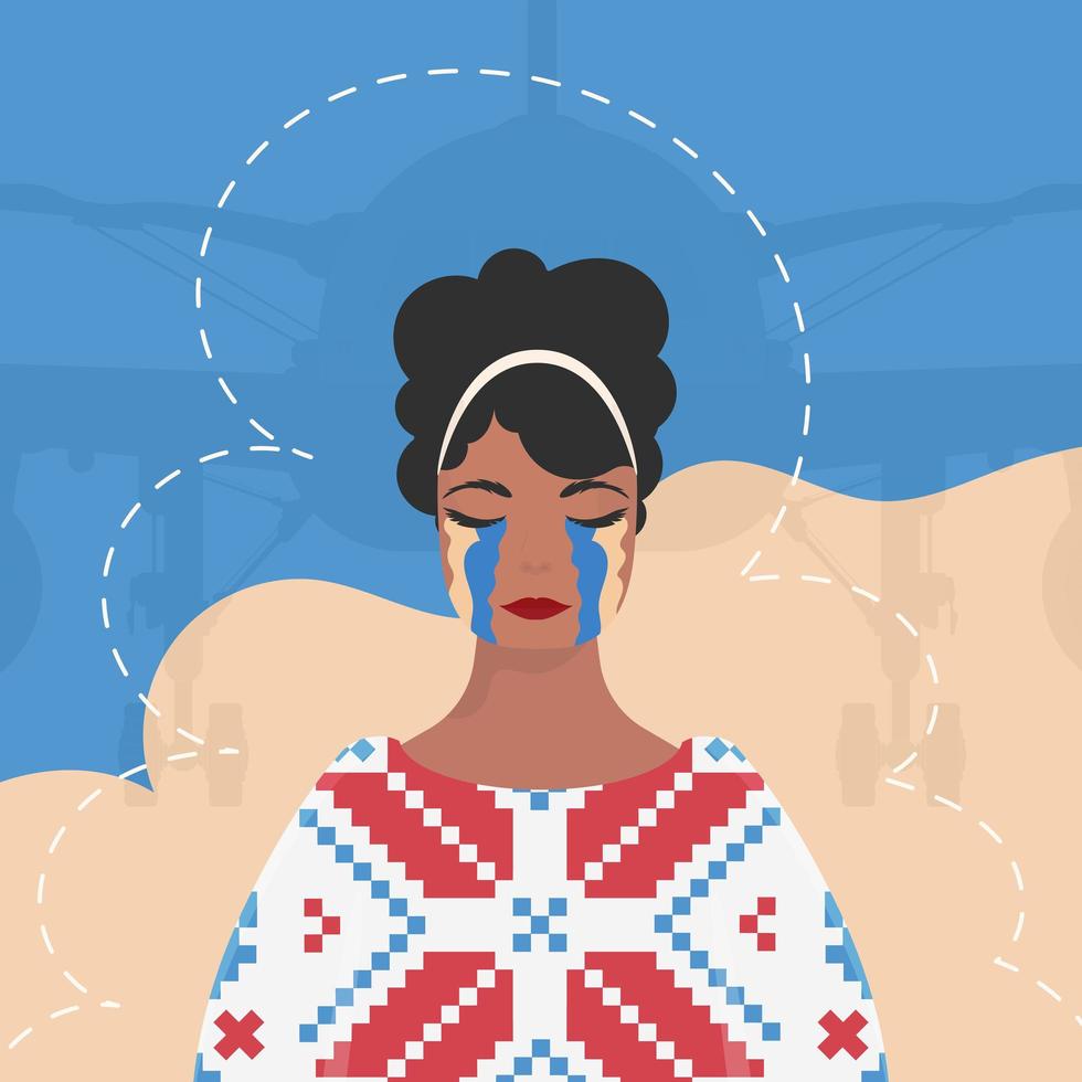 The girl sheds tears In an embroidered shirt against the background of the colors of the Ukrainian flag. Poster in support of Ukraine. Vector. vector