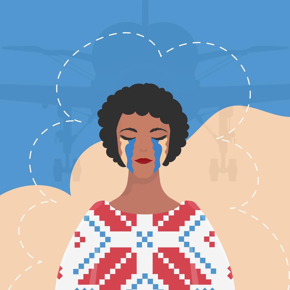 The girl sheds tears In an embroidered shirt against the background of the colors of the Ukrainian flag. Poster in support of Ukraine. Vector illustration.