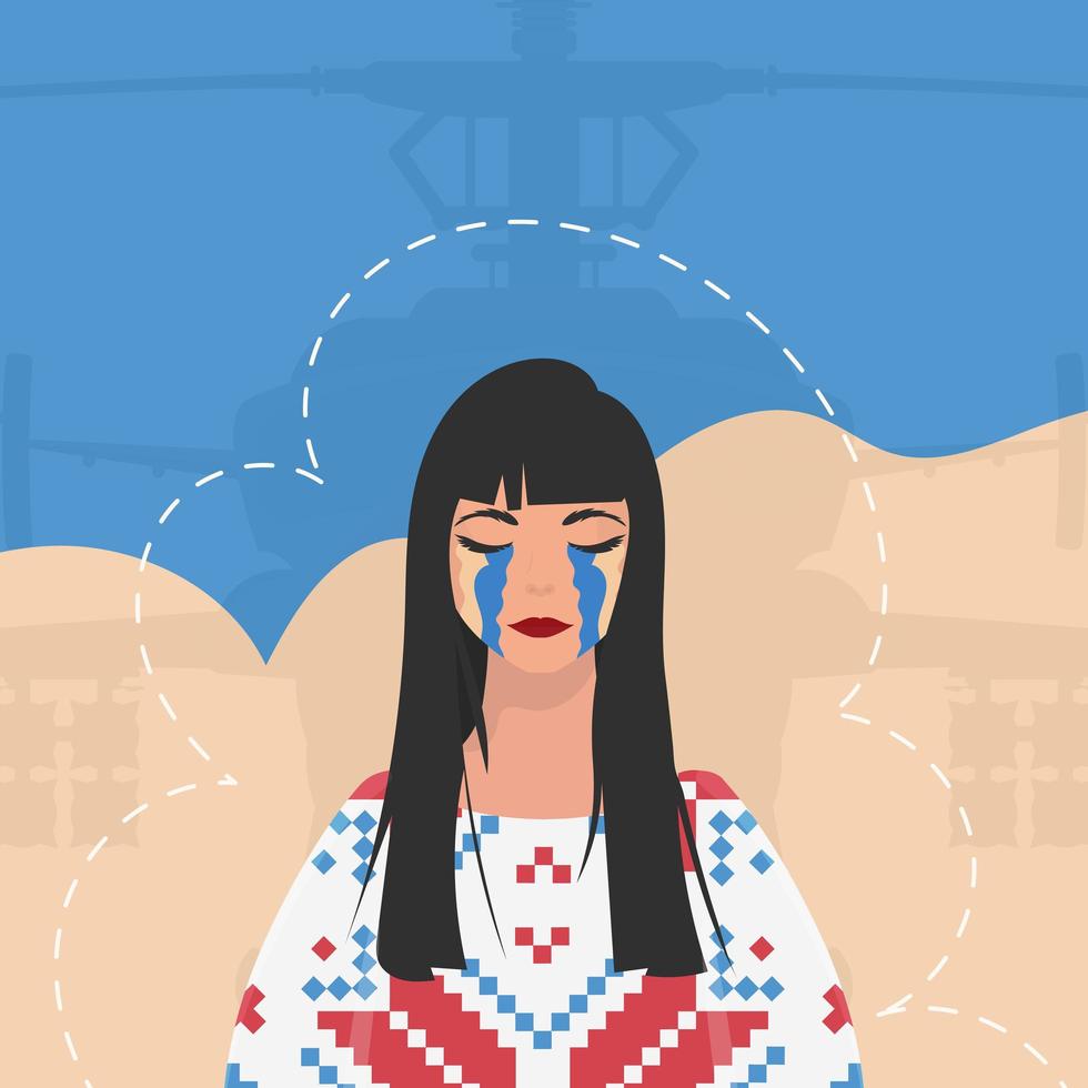 A woman sheds tears In an embroidered shirt against the background of the colors of the Ukrainian flag. Poster in support of Ukraine. Cartoon style. vector