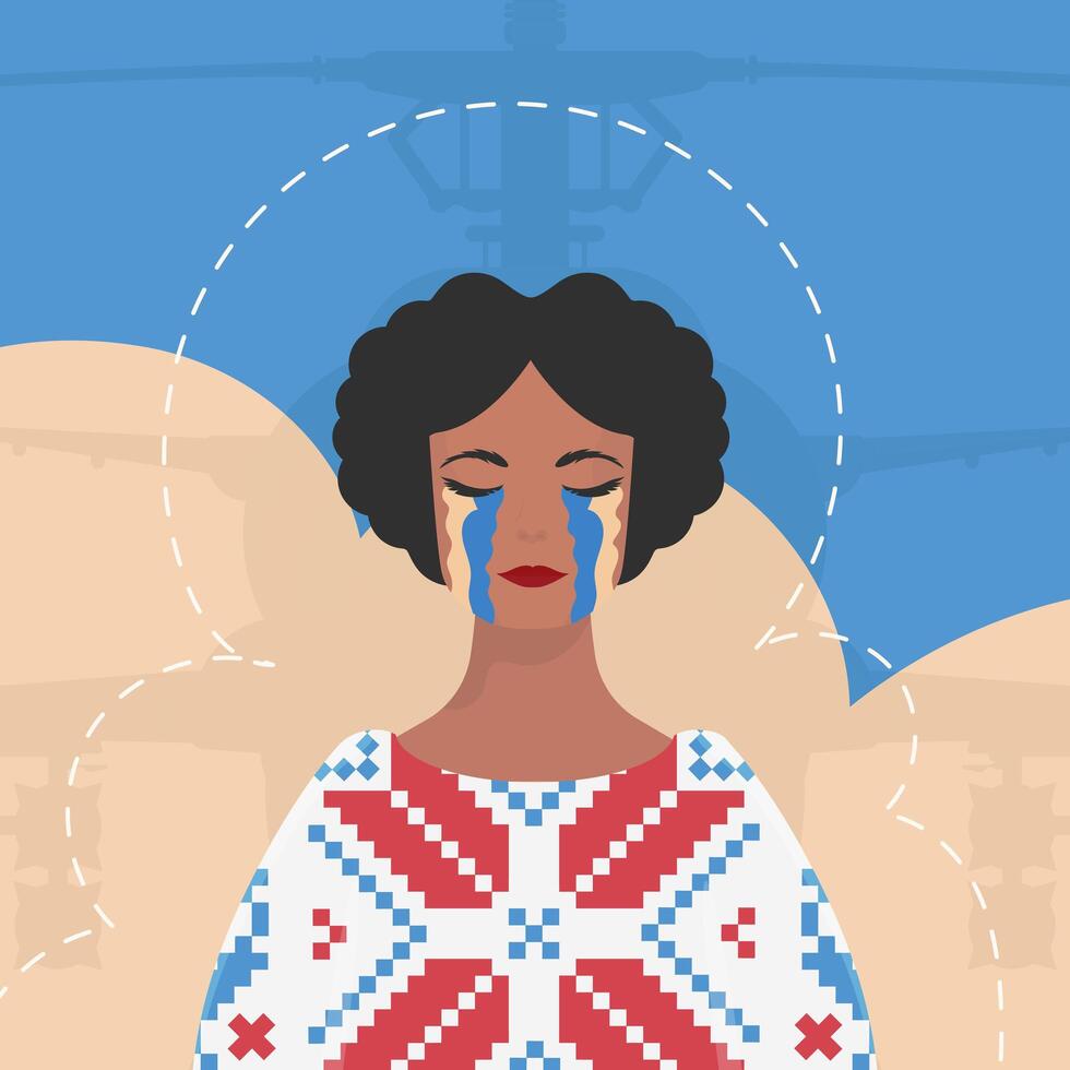 A woman is crying In an embroidered shirt against the background of the colors of the Ukrainian flag. Banner in support of Ukraine. Vector illustration.