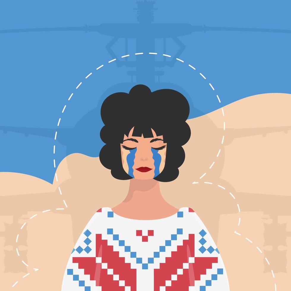 A woman sheds tears In an embroidered shirt against the background of the colors of the Ukrainian flag. Banner in support of Ukraine. Cartoon style. vector