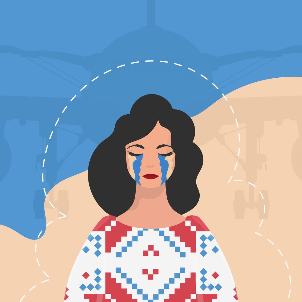 A woman with a tear in her eye is standing in front of an airplane vector