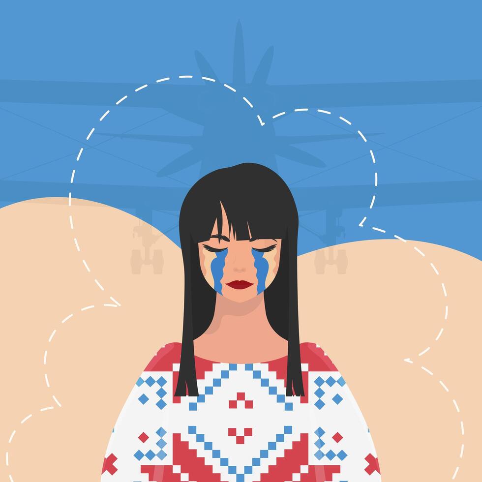 A girl is crying In an embroidered shirt against the background of the colors of the Ukrainian flag. Poster in support of Ukraine. Vector. vector