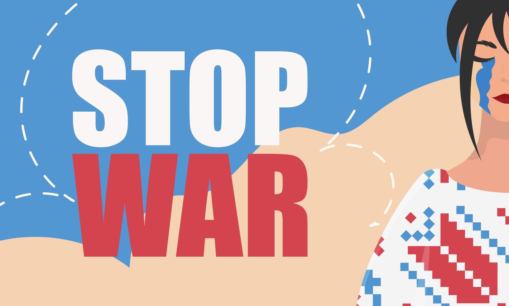 Stop war. A woman sheds tears in an embroidered shirt against the background of the colors of the Ukrainian flag. Poster in support of Ukraine. vector