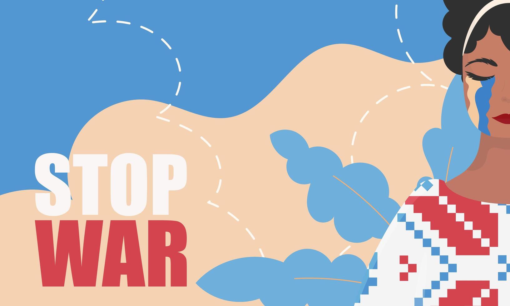Stop war. A girl sheds tears in an embroidered shirt against the background of the colors of the Ukrainian flag. Poster in support of Ukraine. vector