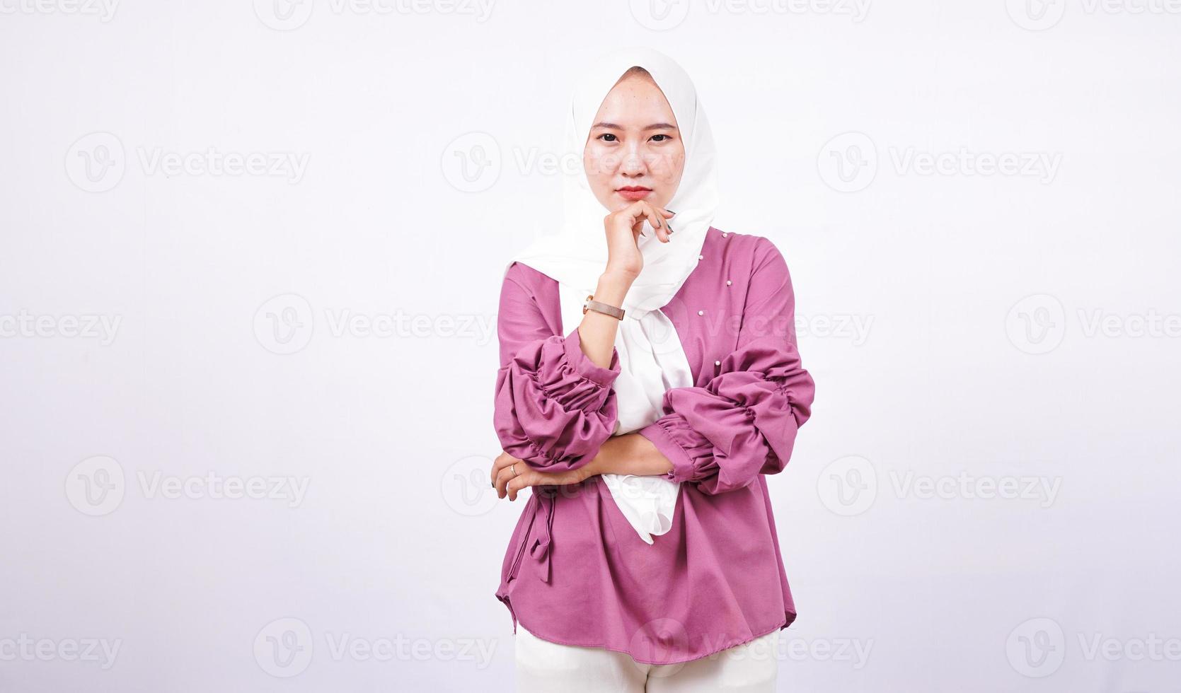 beautiful women hijab thinking isolated white background photo