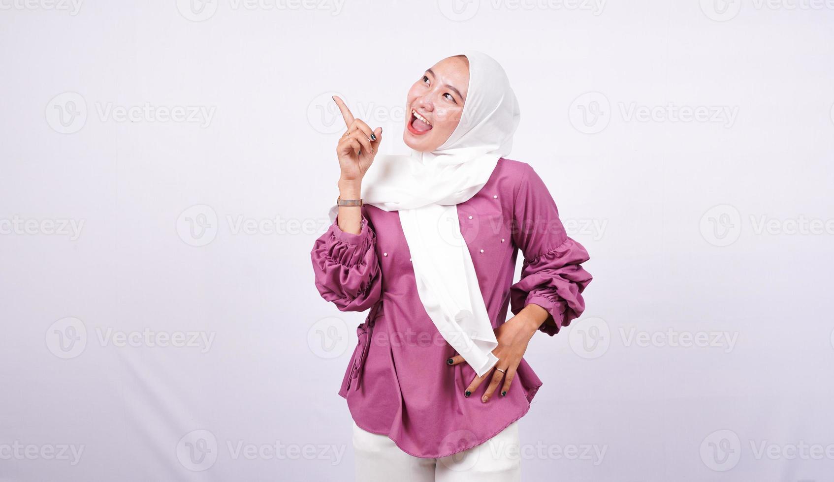 beautiful women hijab pointing blank background isolated white background photo