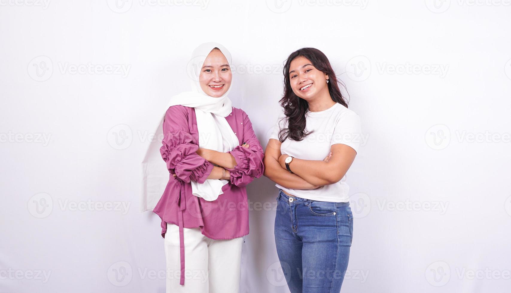 two asian women doing happy expressions isolated white background photo