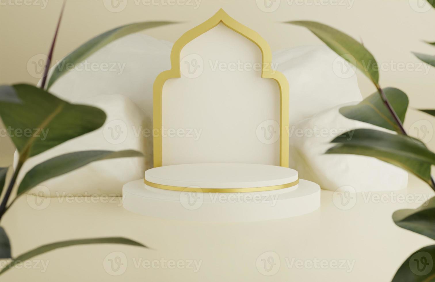 Tropical islamic ramadan greeting cream background with 3d mosque ornament arabic lanterns photo