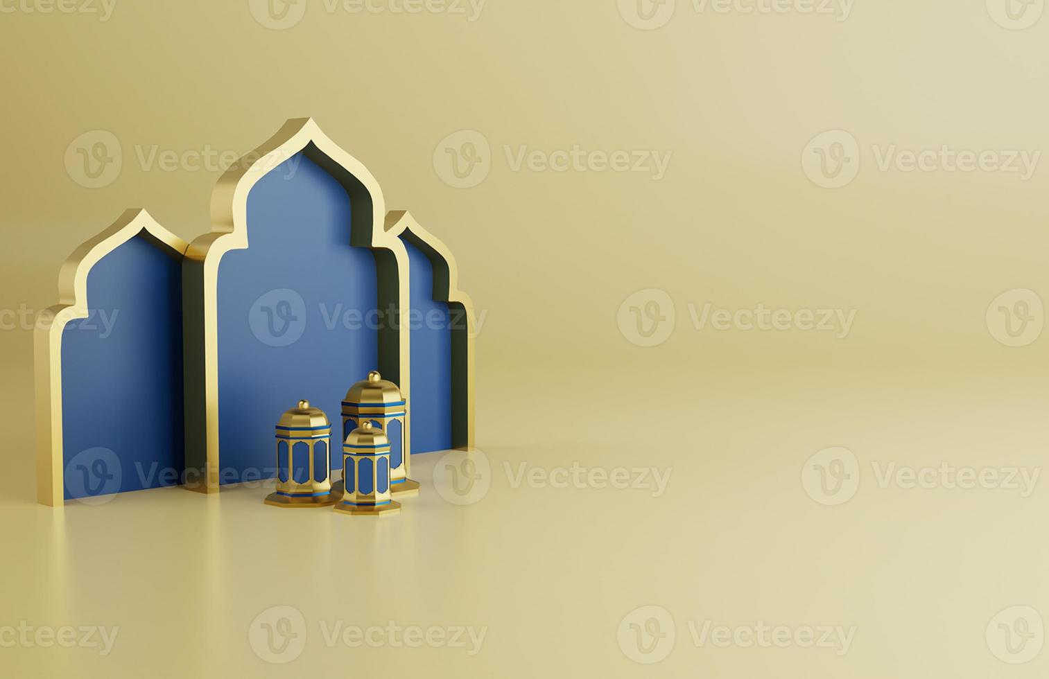 fondo de saludo de ramadán islámico con estrella de adorno de mezquita 3d y linternas árabes foto