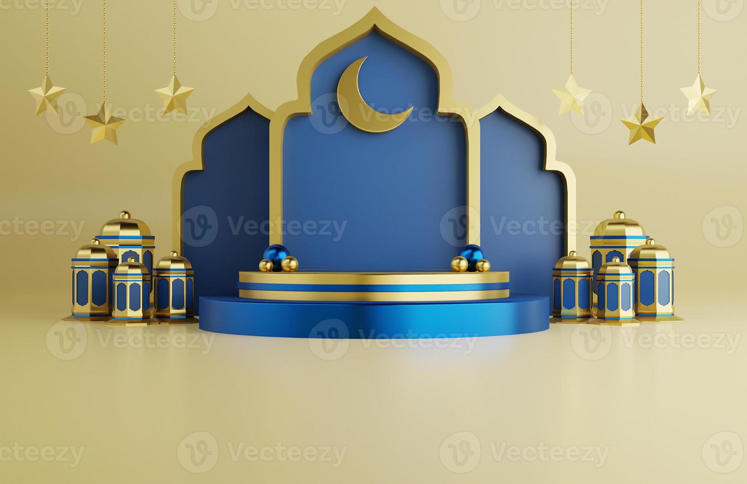 Islamic ramadan greeting background with 3d mosque ornament  star  and arabic lanterns photo