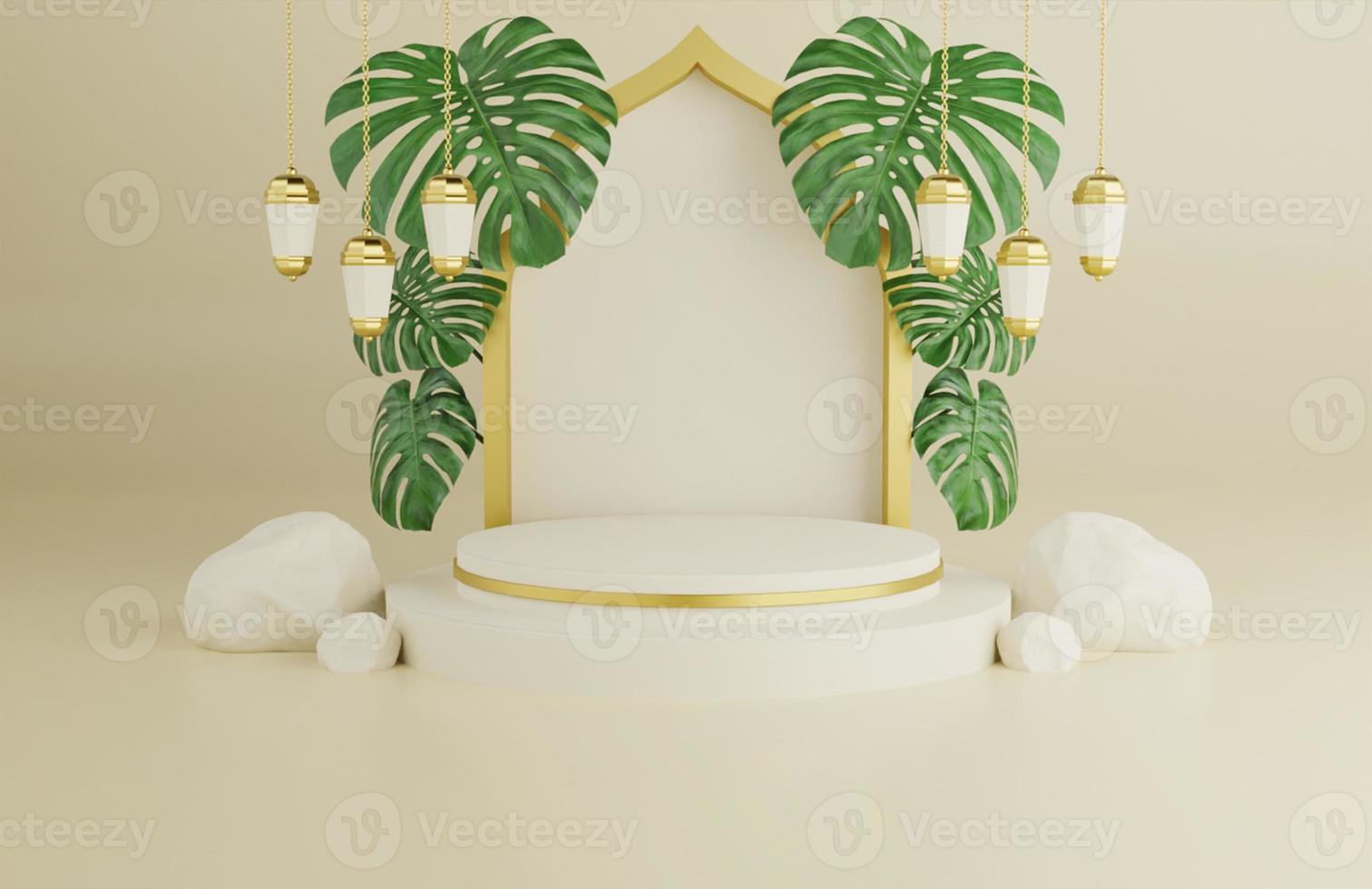 Tropical islamic ramadan greeting cream background with 3d mosque ornament arabic lanterns photo