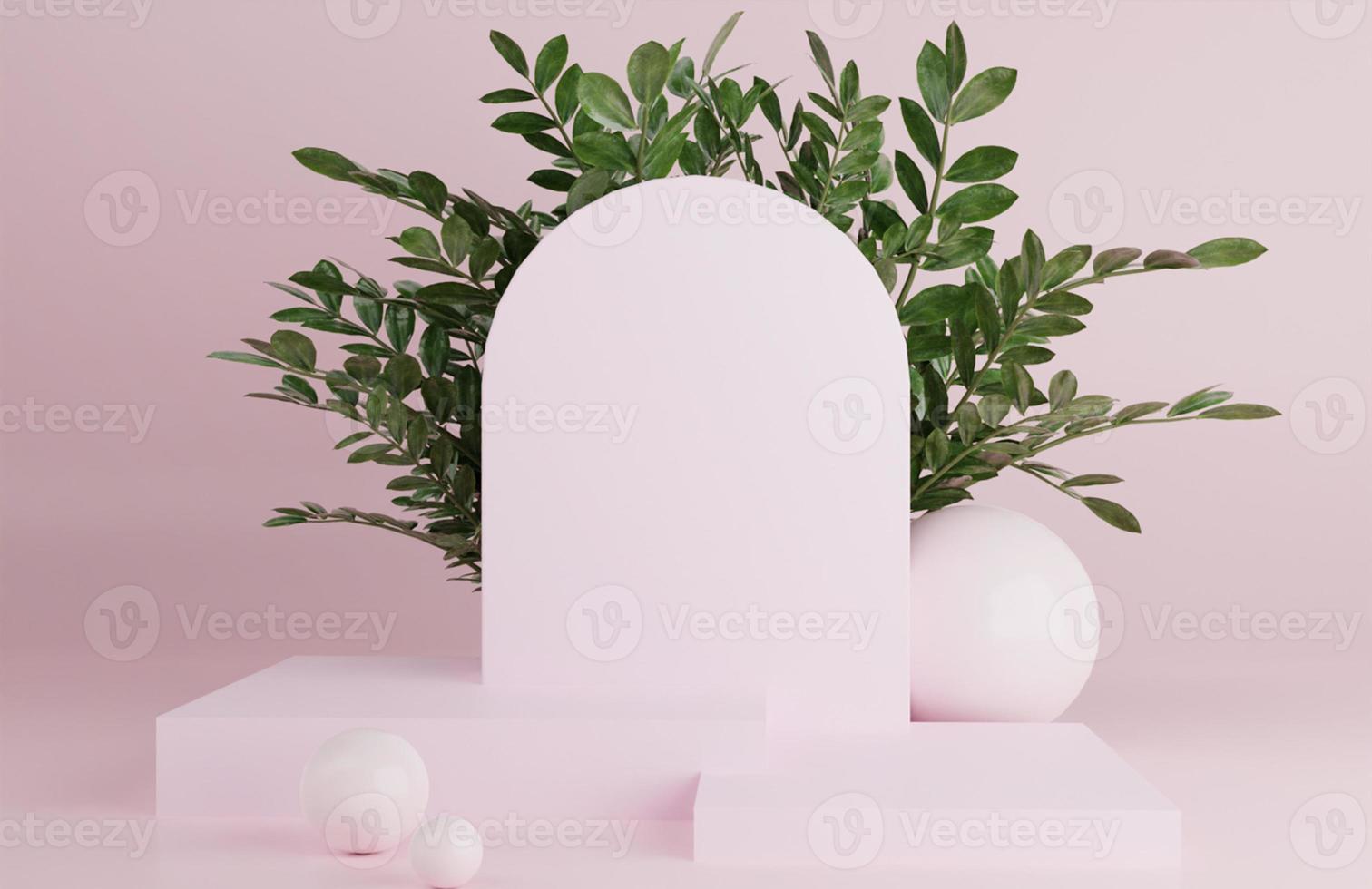 3d tropical podium in pink colours with for product presentation photo