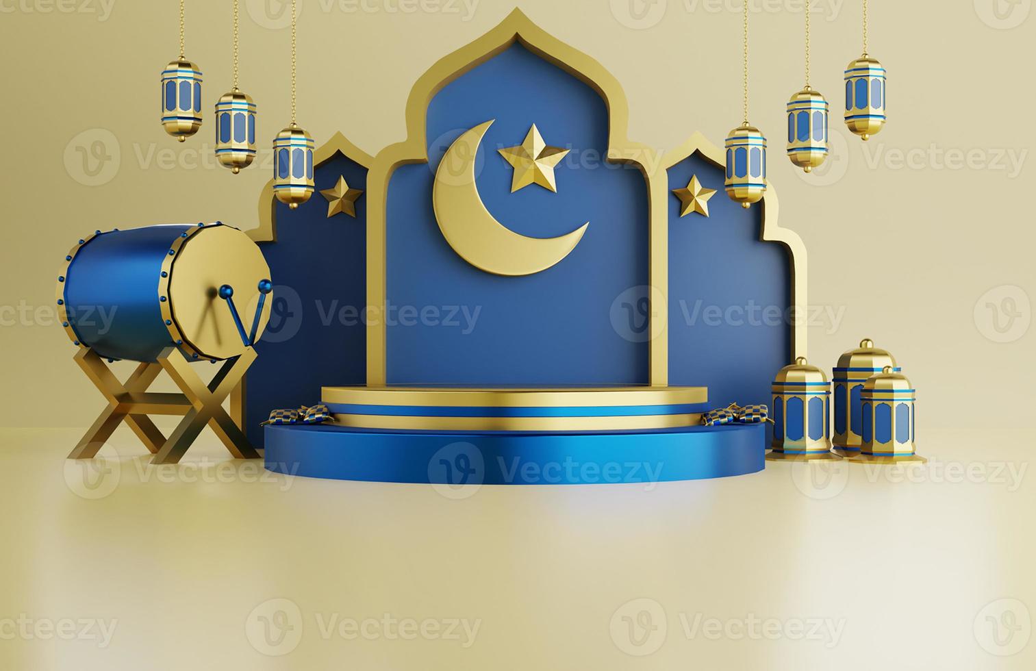 Islamic ramadan greeting background with 3d traditional drum, star, arabic lanterns, and mosque ornament photo