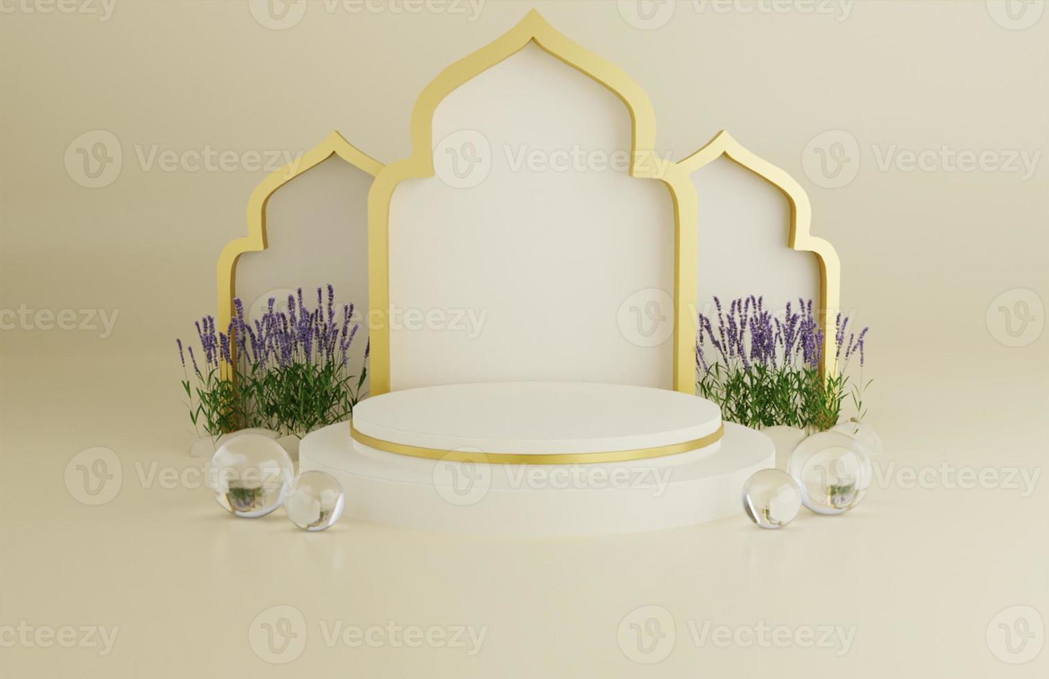 Tropical islamic ramadan greeting cream background with 3d mosque ornament arabic lanterns photo