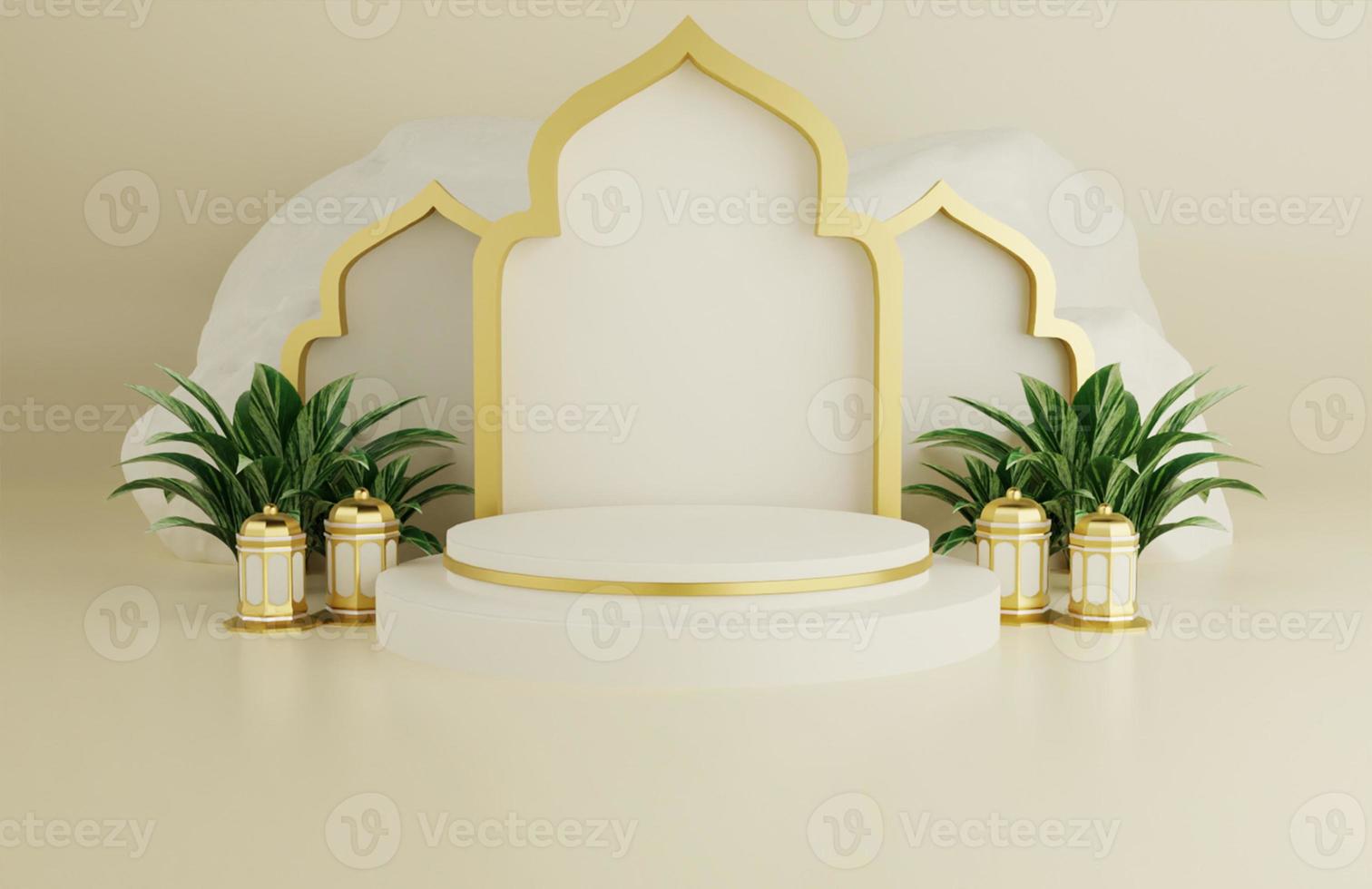 Tropical islamic ramadan greeting cream background with 3d mosque ornament arabic lanterns photo