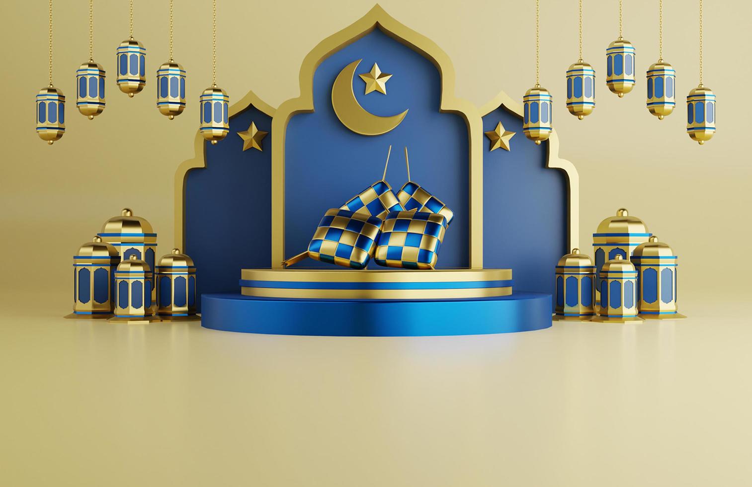 Islamic ramadan greeting background with 3d ketupat, mosque ornament  star  and arabic lanterns photo