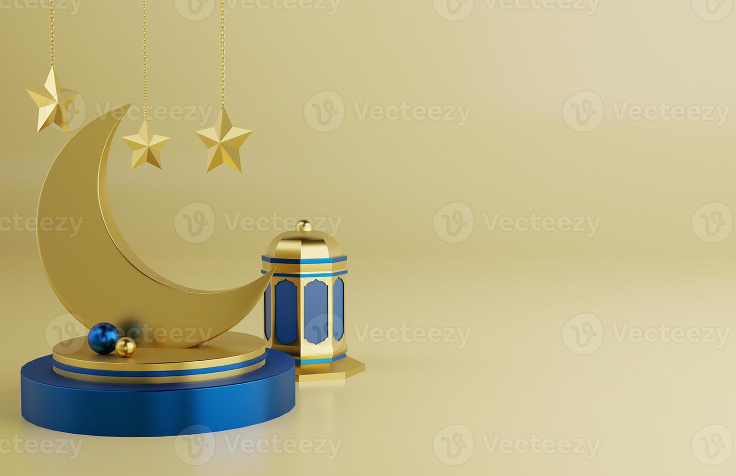 Islamic ramadan greeting background with 3d mosque ornament  star  and arabic lanterns photo