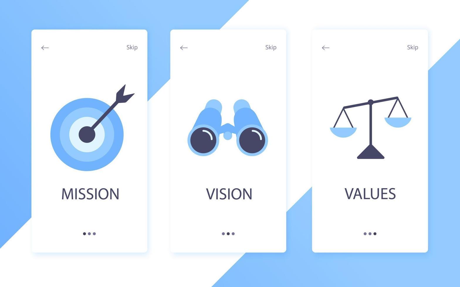 Mission, vision and values flat style design icons signs web concepts vector illustration set isolated on white background.