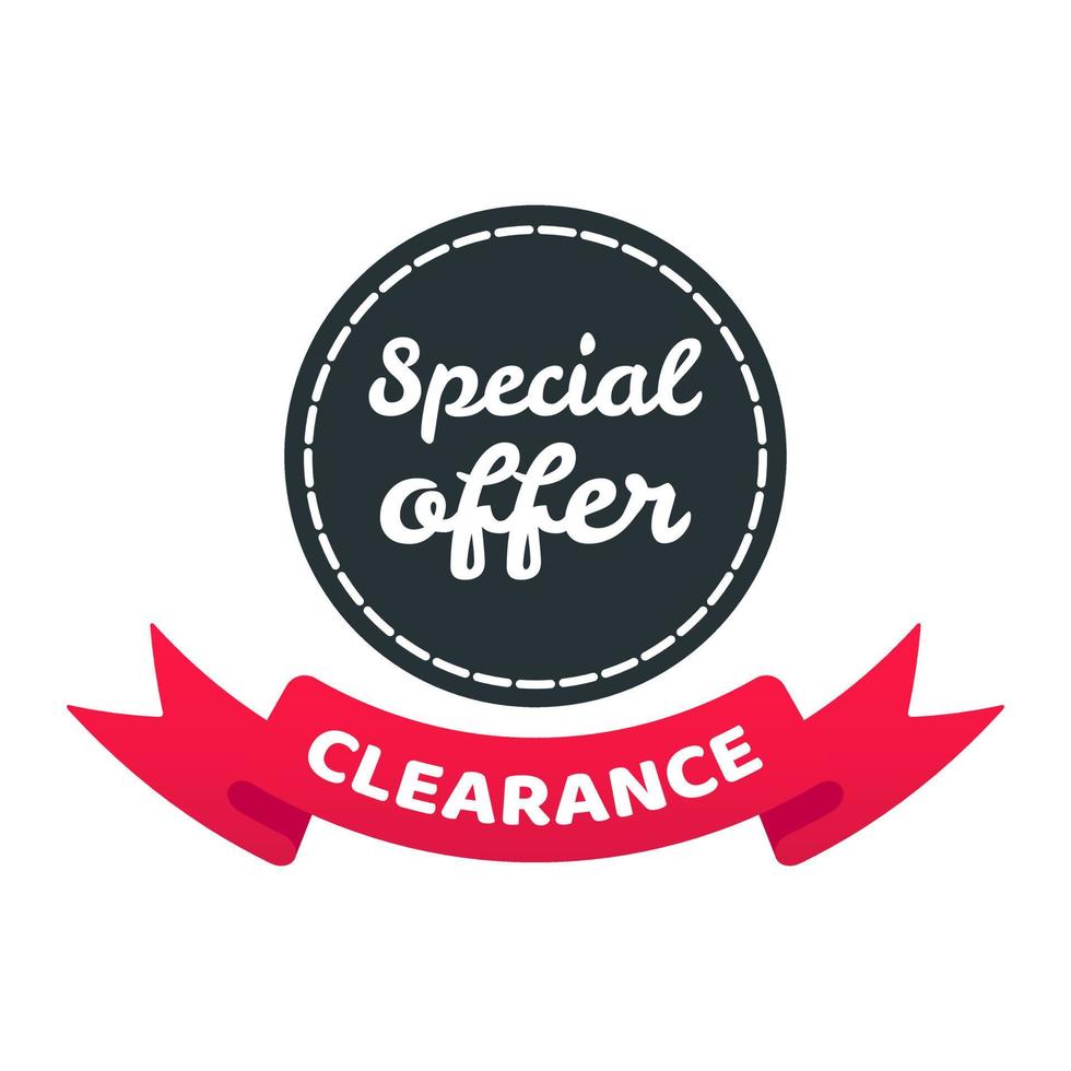 Special offer clearance sale ribbon badge sale label concept template vector illustration isolated on white background. Web banners elements for website and advertising. Discount ribbon label design.
