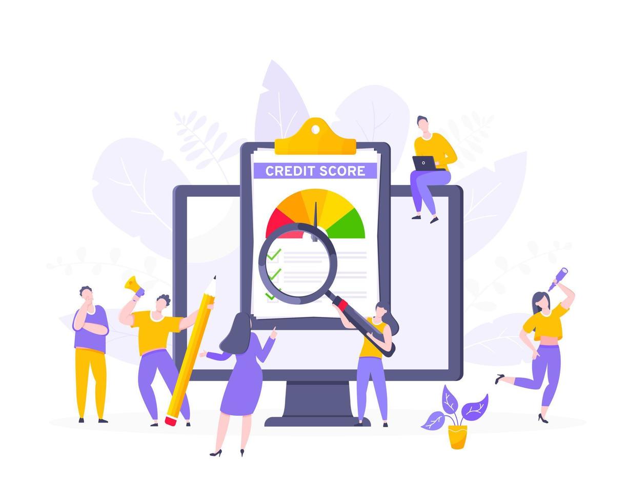 Credit score report with arrow gauge speedometer indicator with color levels on giant clipboard vector