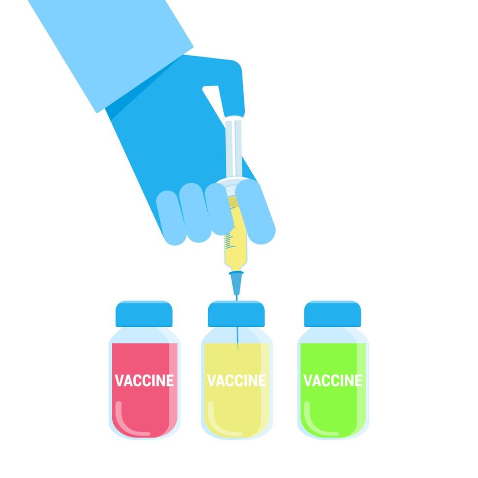 Doctor hand hold syringe with vaccine injection flat style vector illustration isolated on white background. Hospital concept.