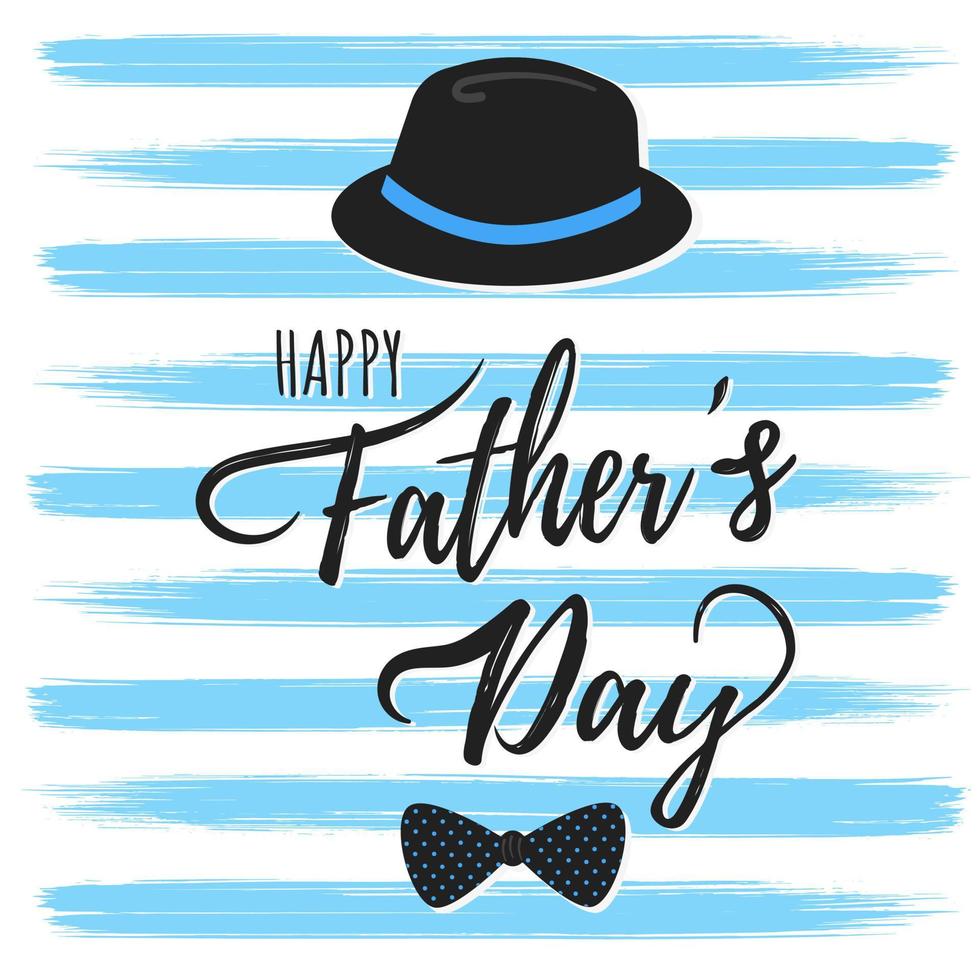 Happy Father's day postcard flat style design vector illustration isolated on white background. Lettering words, glasses, crown, brush stroke, tie and mustaches - symbols of super dad.