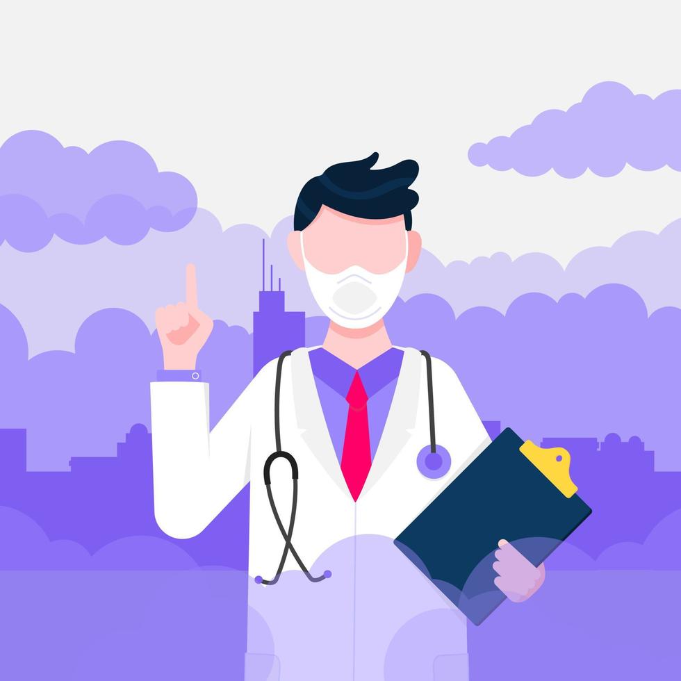 Confused man doctor in mask against smog. Fine dust, air pollution concept. vector