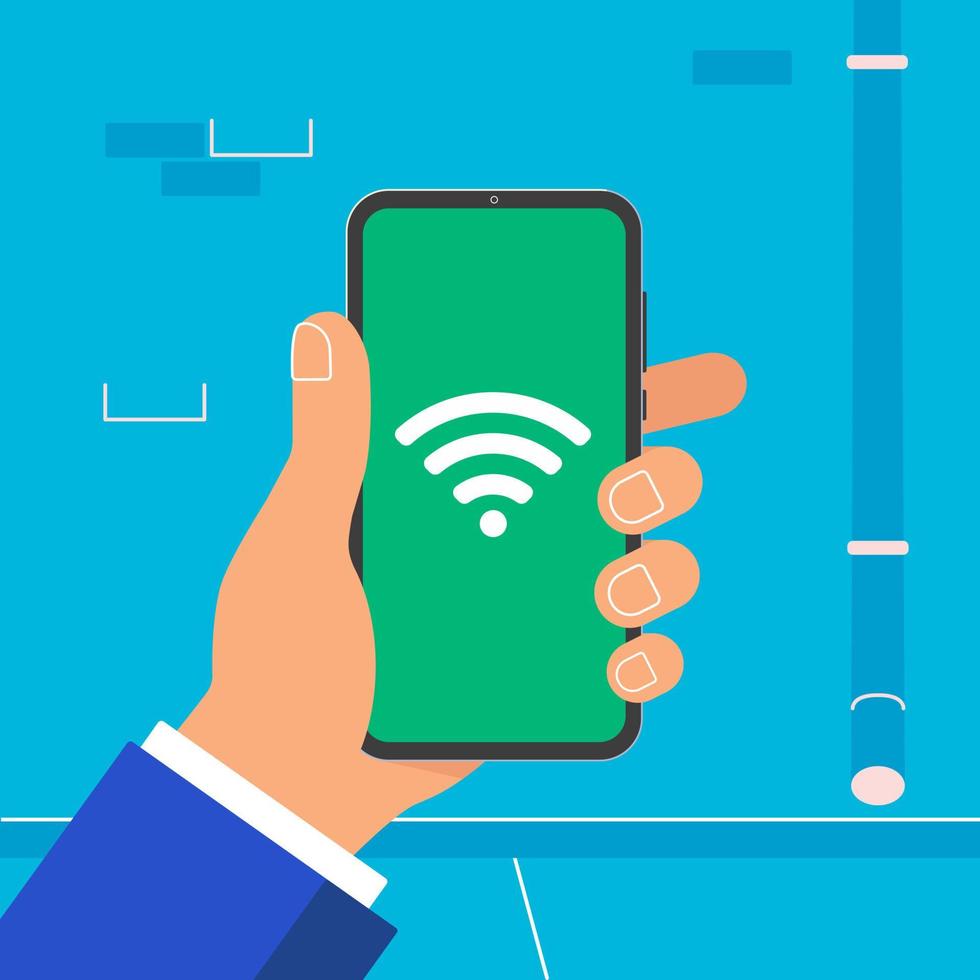 mano sosteniendo un teléfono móvil negro con un icono de símbolo de señal wi-fi en la pantalla aislado en un fondo azul claro. teléfono inteligente en la mano humana ilustración vectorial estilo de diseño plano y señal wifi gratuita. vector