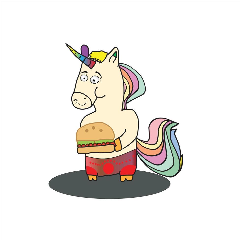 fat unicorn holding  burger vector