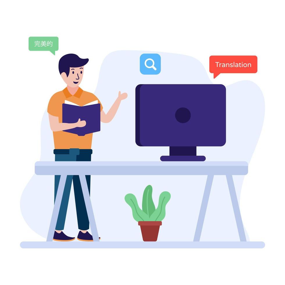 Online language learning course, flat illustration of translator vector