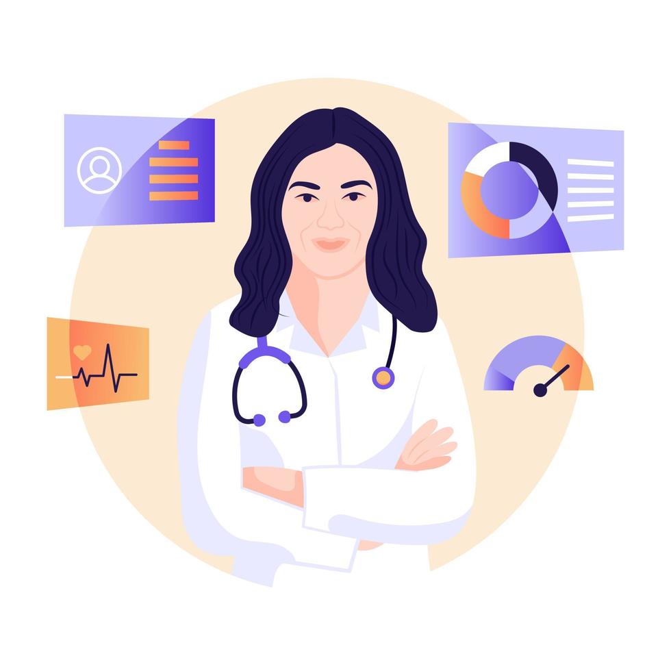 Person with stethoscope, flat illustration of lady doctor vector