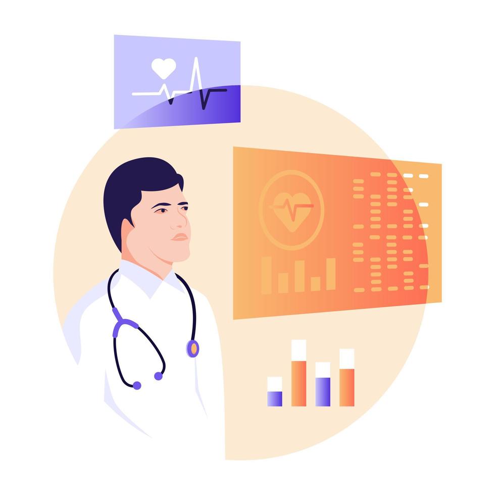 Person monitoring doctor dashboard, flat illustration vector
