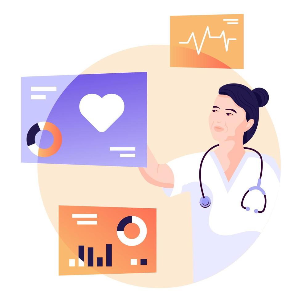 Person with stethoscope, flat illustration of lady doctor vector