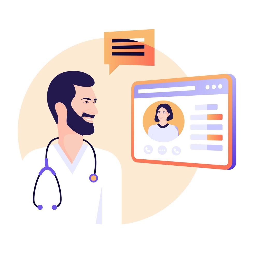 Person monitoring doctor dashboard, flat illustration vector