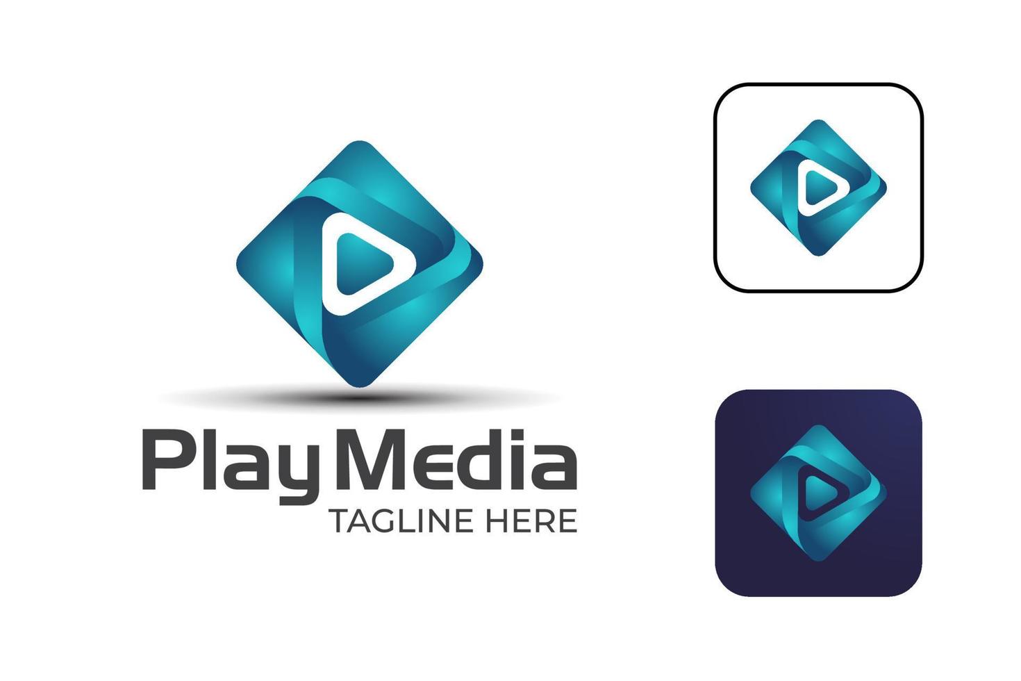 pixel play media logo design with button icon, symbol for studio music, video player multimedia gradient icon vector