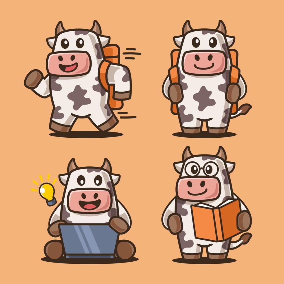 personaje de dibujos animados de vaca inteligente en diversas actividades vector