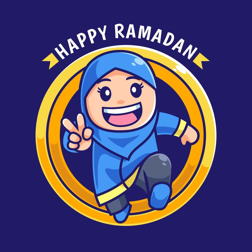 Cartoon Muslim Hijab Girl Jump Happy Ramadan vector