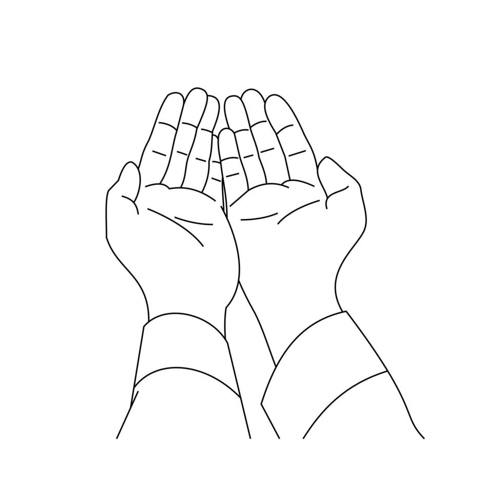 Illustration line drawing of a two hand open for praying. For ramadan, eid al fitr, or church concept. Begging for forgiveness and believe in goodness. Prayer to god with faith and hope. Belief in god vector