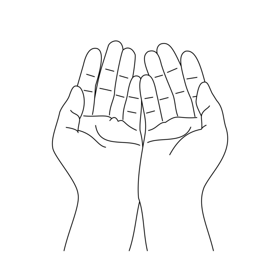 Illustration line drawing of a two hand open for praying. For ramadan, eid al fitr, or church concept. Begging for forgiveness and believe in goodness. Prayer to god with faith and hope. Belief in god vector