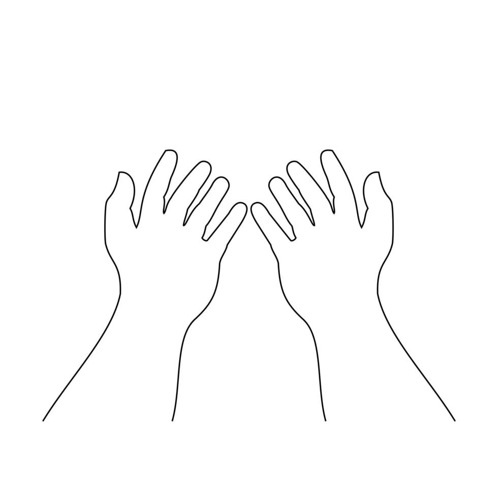 Illustration line drawing of a two hand open for praying. For ramadan, eid al fitr, or church concept. Begging for forgiveness and believe in goodness. Prayer to god with faith and hope. Belief in god vector