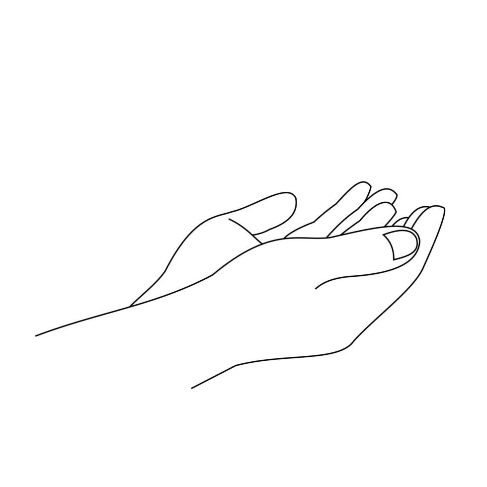 Illustration line drawing of a two hand open for praying. For ramadan, eid al fitr, or church concept. Begging for forgiveness and believe in goodness. Prayer to god with faith and hope. Belief in god vector
