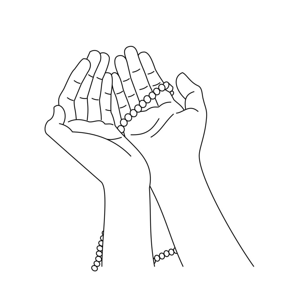 Illustration line drawing of a two hand open for praying. For ramadan, eid al fitr, or church concept. Begging for forgiveness and believe in goodness. Prayer to god with faith and hope. Belief in god vector