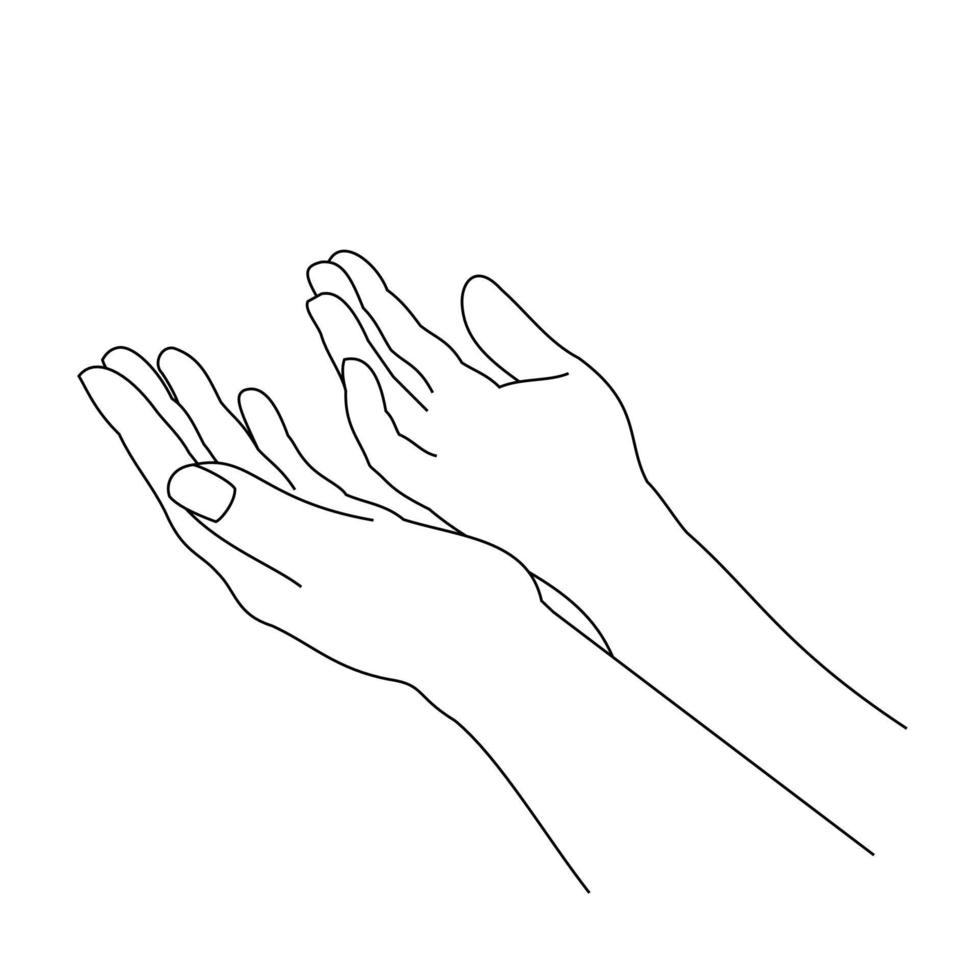 Illustration line drawing of a two hand open for praying. For ramadan, eid al fitr, or church concept. Begging for forgiveness and believe in goodness. Prayer to god with faith and hope. Belief in god vector