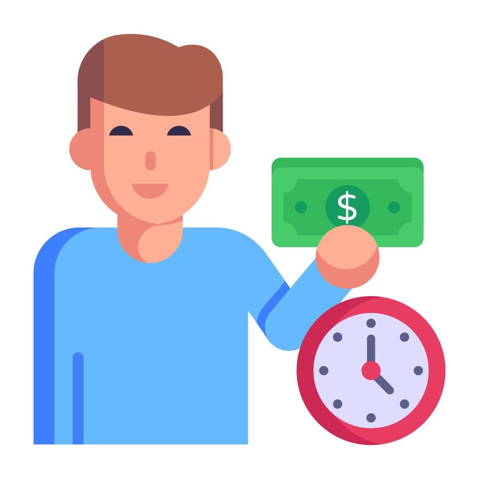 Person holding clock, concept of punctual flat icon vector