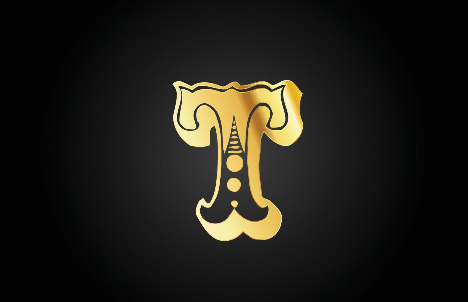Icono del logotipo de la letra del alfabeto de metal dorado vintage t. plantilla de diseño creativo para empresa o negocio vector